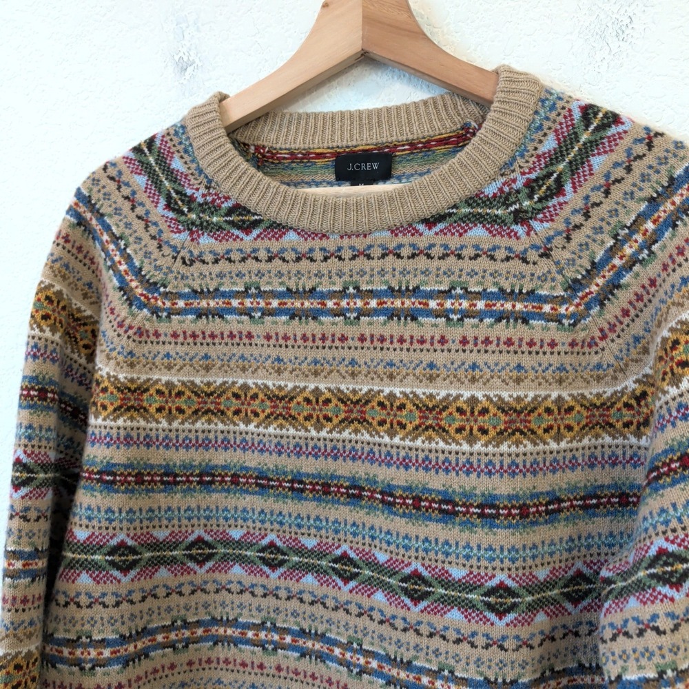 J.Crew Mens Fair Isle Merino Lambswool Blend Sweater Tan AF188 Size M Heritage